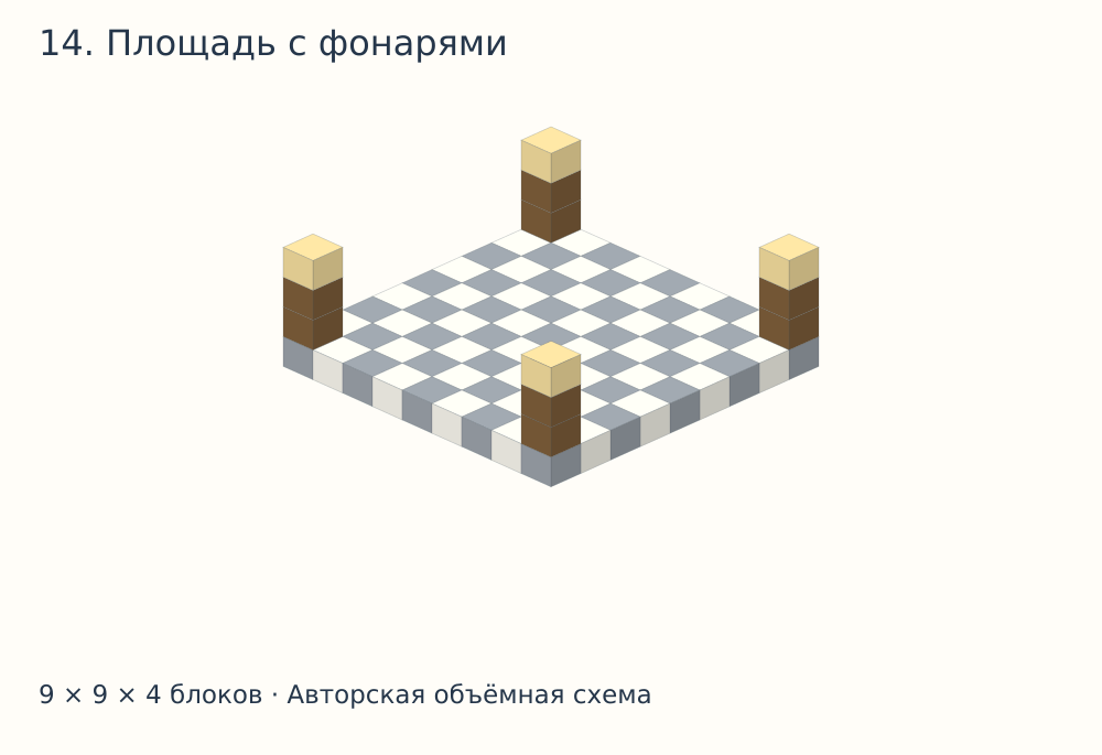 Объёмная схема постройки в Майнкрафте: Площадь с фонарями